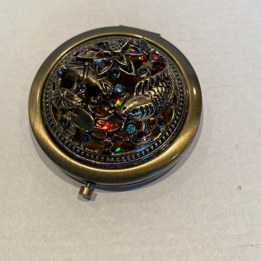 NWOT Brass Double Mirror Compact, Raised Jeweled Design with Fish